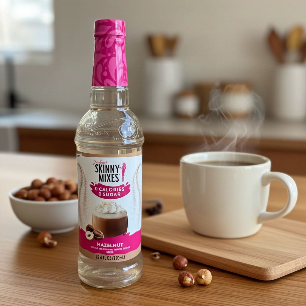Jordan's Skinny Mixes Hazelnut syrup  with a steaming cup of coffee.