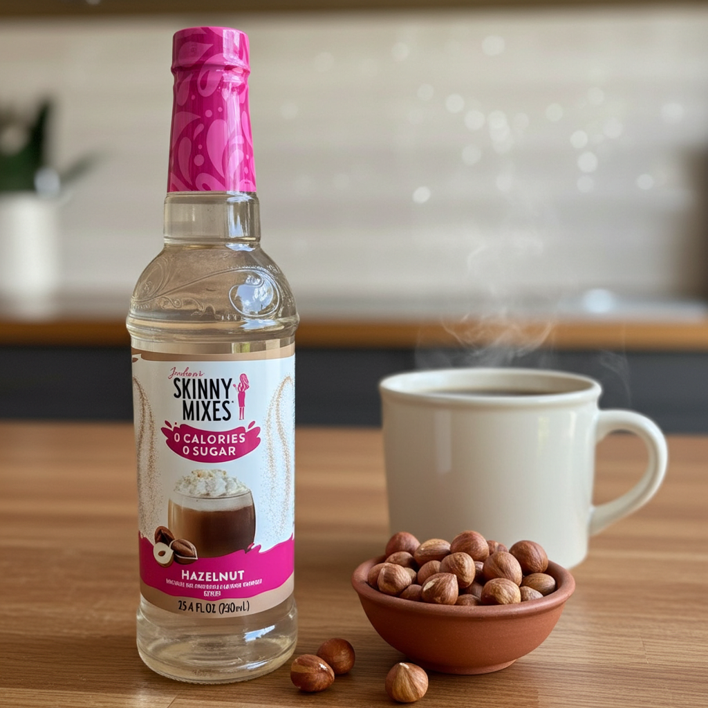 Jordan's Skinny Mixes Hazelnut syrup bottle with a cup of coffee and bowl of hazelnuts 