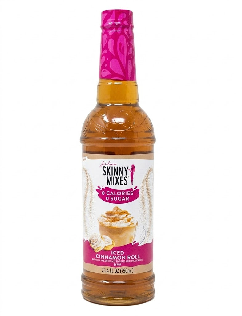 Bottle of Jordan's Skinny Mixes iced cinnamon roll syrup.850ml