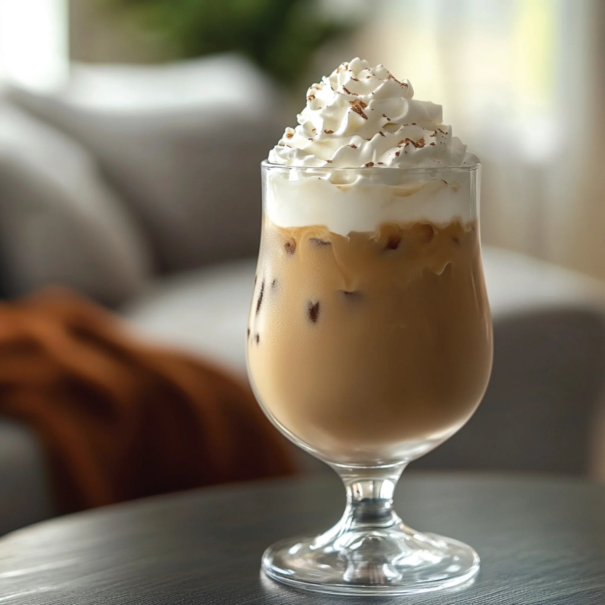 Glass of iced coffee using Jordan's Skinny Mixes Irish Cream flavoring with whipped cream 