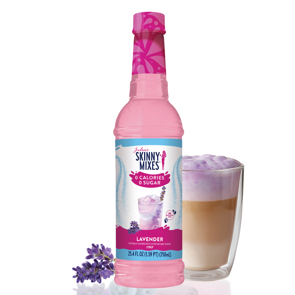 jordan's Skinny Mixes lavender syrup with a glass of lavender-flavored drink 