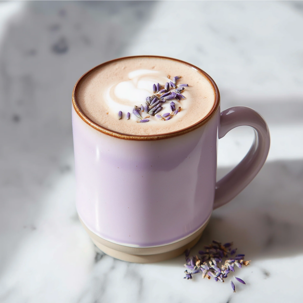 A purple mug with a hot  lavender-flavored latte, sprinkled with lavender 