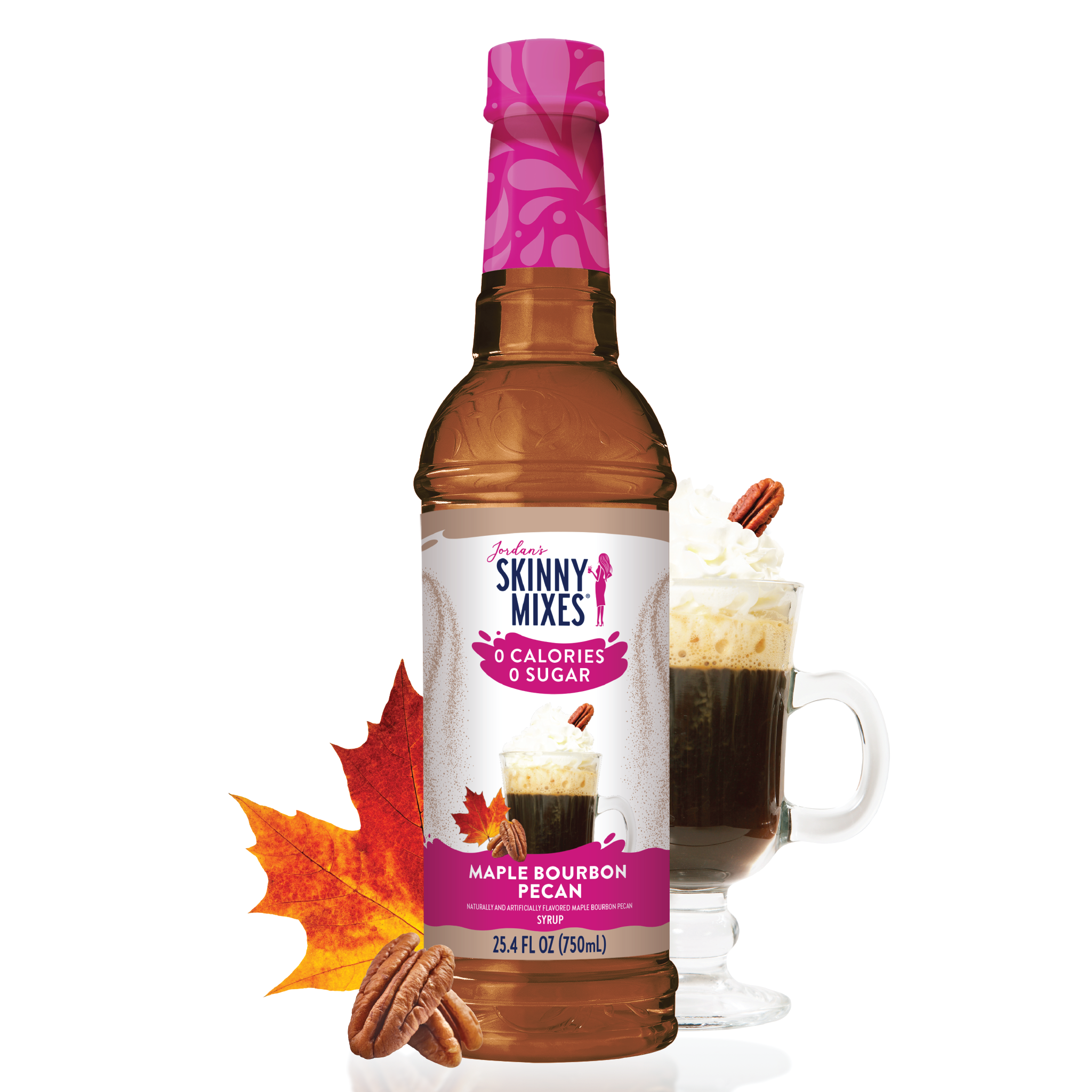 Jordan's Skinny Mix Maple Bourbon Pecan Syrup with a serving suggestion image of a coffee drink topped with syrup. autumn leaves and pecan pieces are also shown around the bottle.