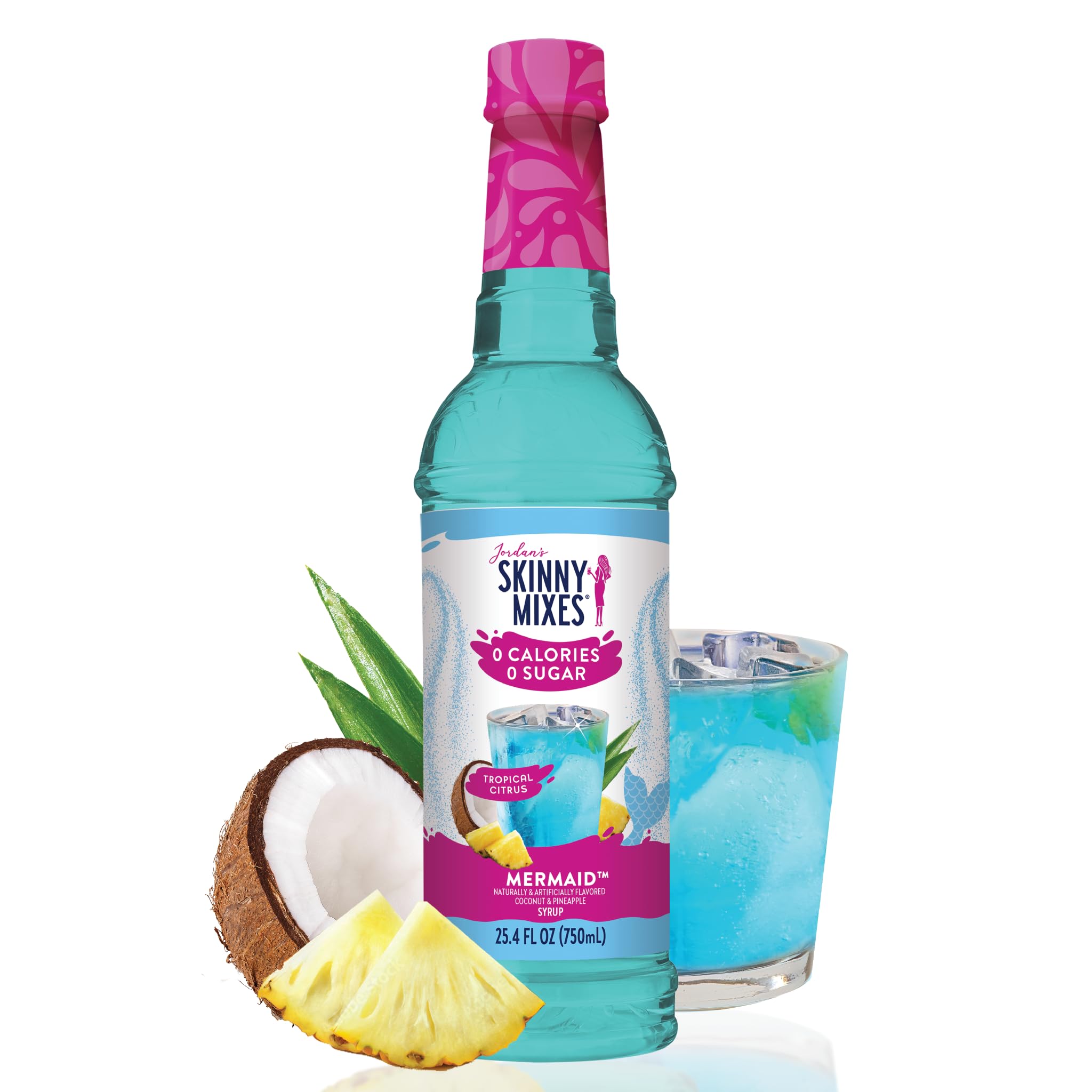 Jordan's Skinny Mix Sugar Free Mermaid Syrup with a glass of tropical flavored water