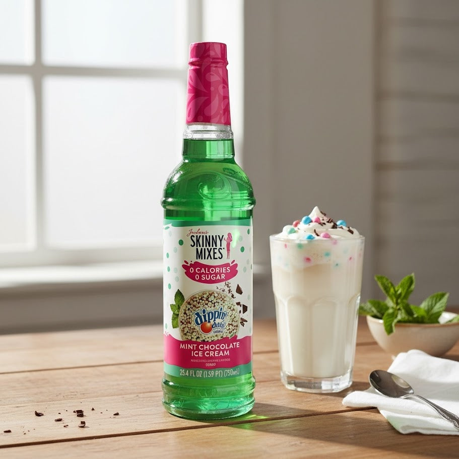 A bottle of Jordan's Skinny Mix Dippin Dots Mint Chocolate Chip Ice Cream Syrup with a shake topped with whipped cream and sprinkles.