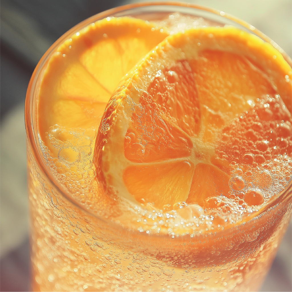 Glass of orange soda flavored water with ice and orange slices on a blurred 