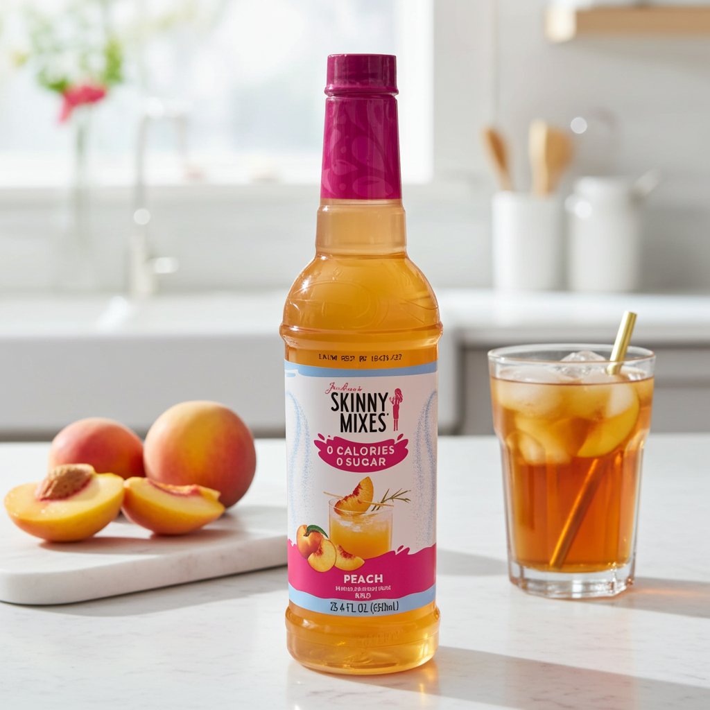 Jordan's Skinny Mixes peach syrup bottle with a glass of iced tea and peaches on a kitchen counter.