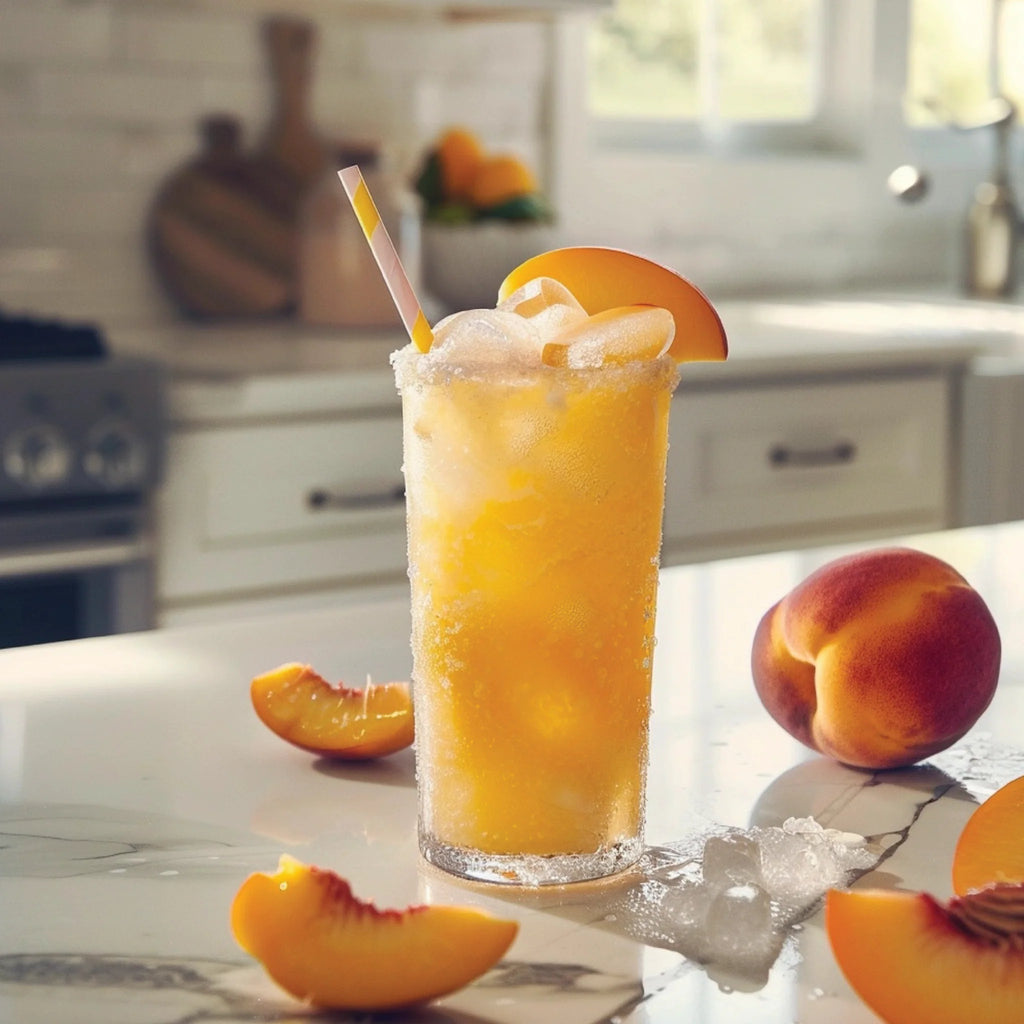 Glass of peach iced tea with peaches on a kitchen counter