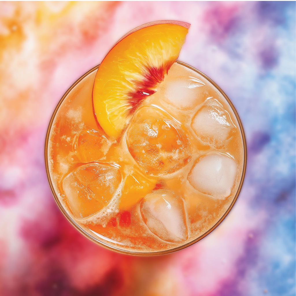 Glass of iced peach tea with ice cubes against a colorful, abstract background