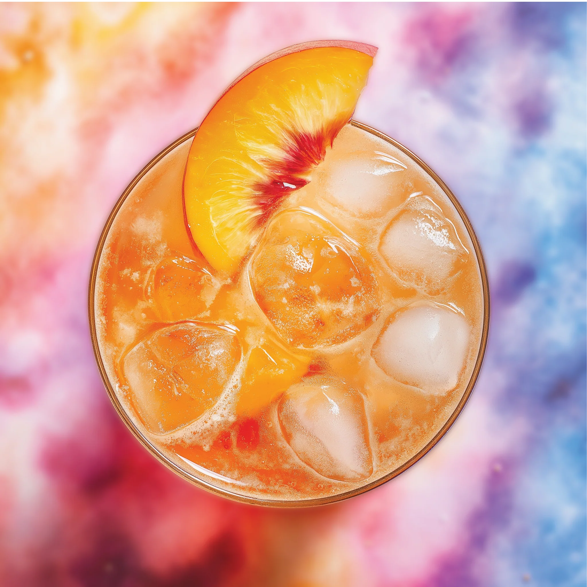 Glass of iced peach tea with ice cubes against a colorful, abstract background