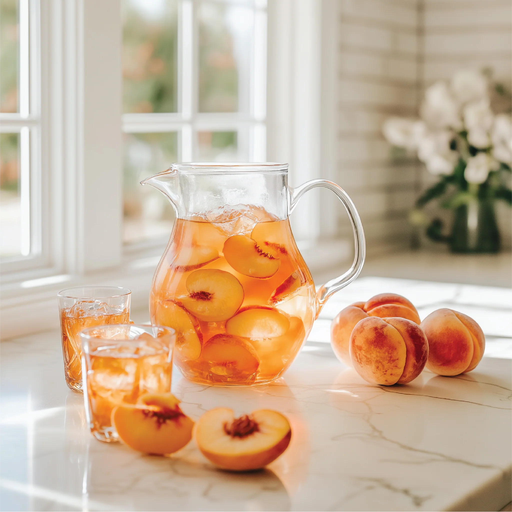Peach juice in a pitcher with peaches on a marble countertop