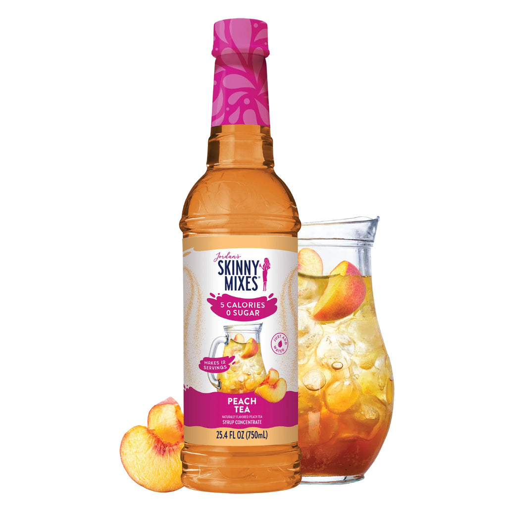 Jordan's Skinny Mixes Peach Tea syrup bottle with a glass of peach tea 