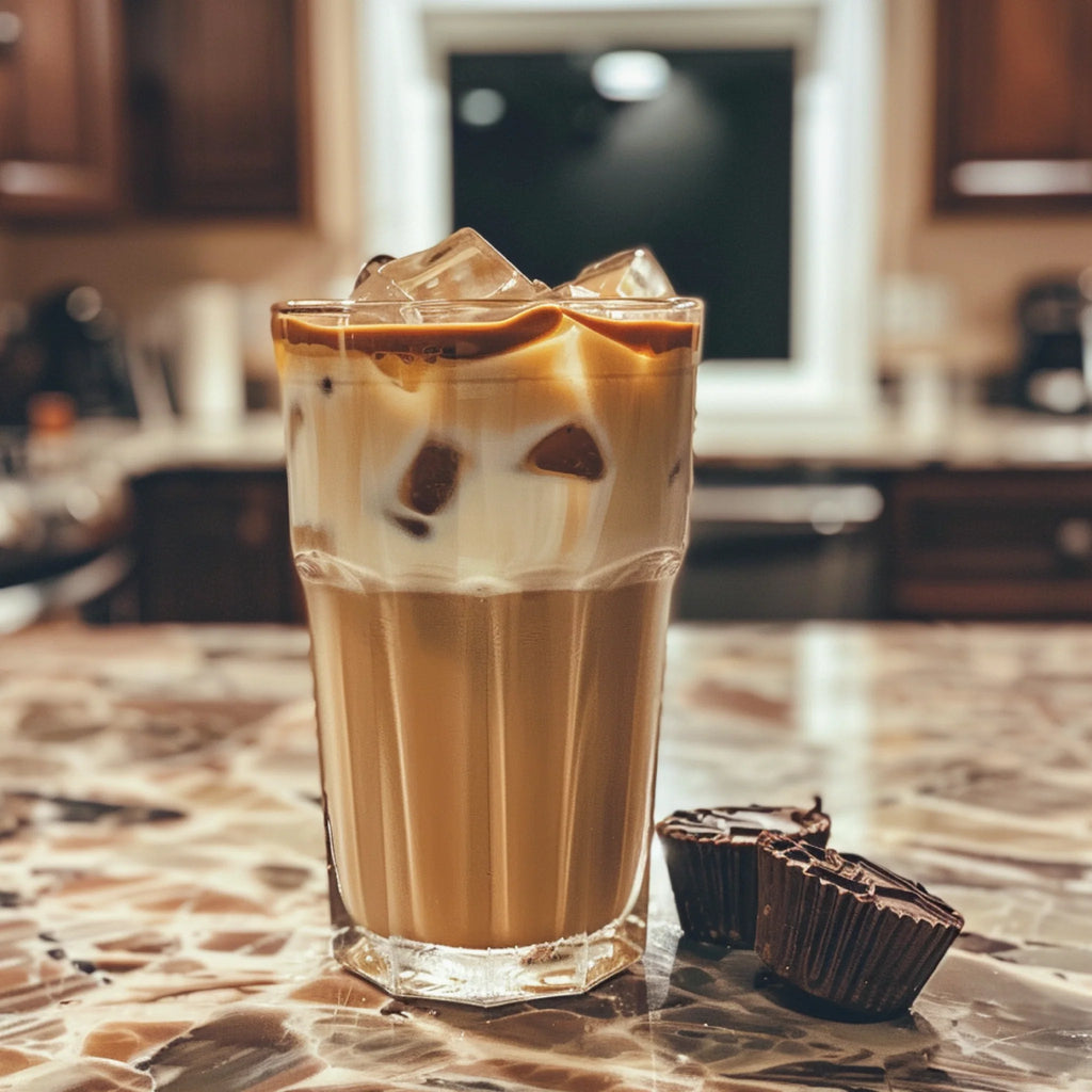 Glass of iced coffee using Jordan's Skinny Mixes Peanut Butter Cup flavoring with whipped cream on a kitchen counter