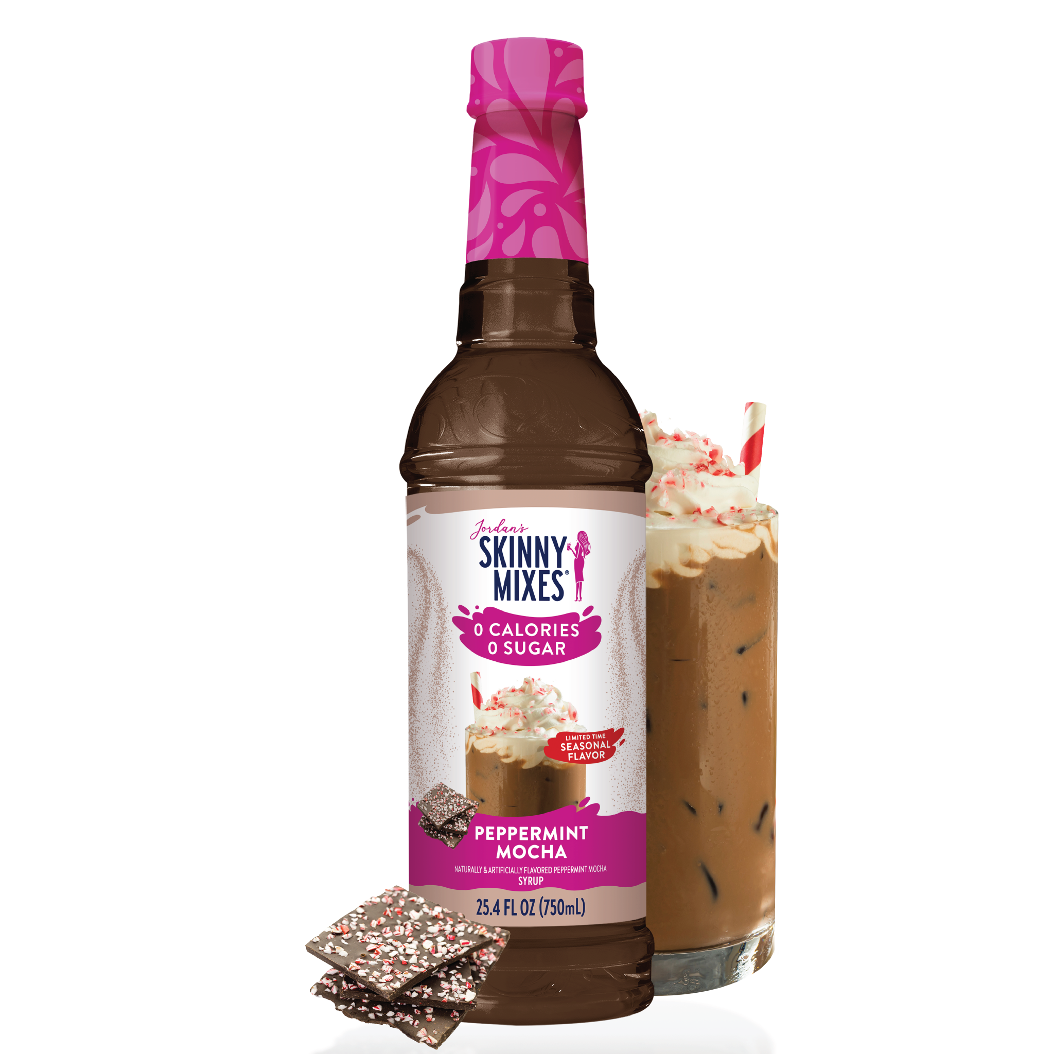 Jordan's Skinny Mixes Peppermint Mocha Syrup bottle with a glass of iced coffee topped with whipped cream and peppermint crumble and cookies next to the bottle