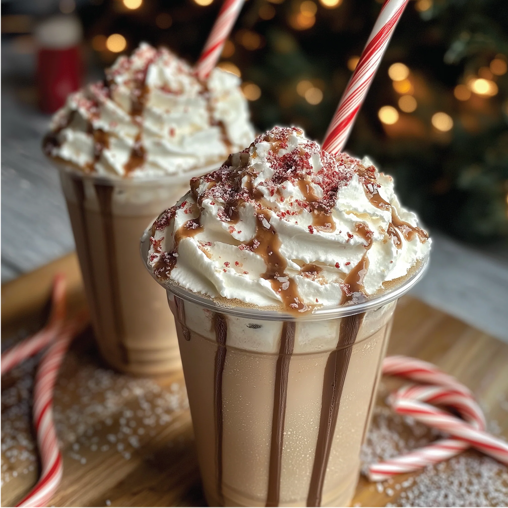 Jordan's Skinny Mix Peppermint Mocha Sauce used on top whipped creme on a iced coffee with a peppermint stick.