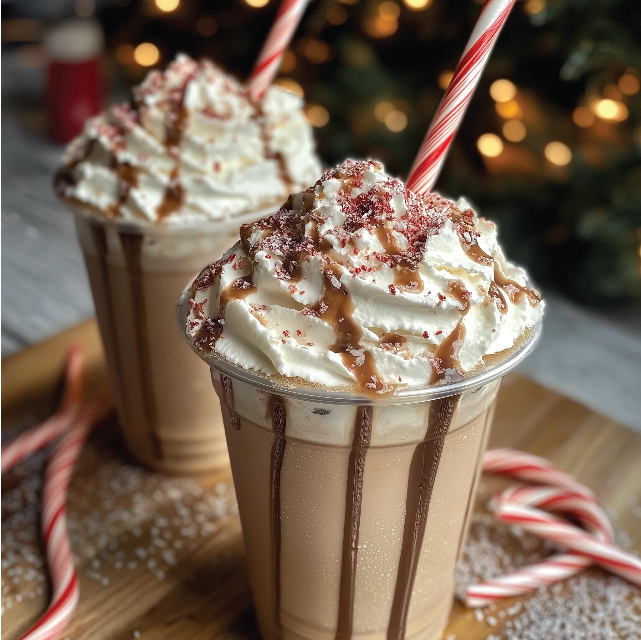 Jordan's Skinny Mix Peppermint Mocha Sauce used on top whipped creme on a iced coffee with a peppermint stick.