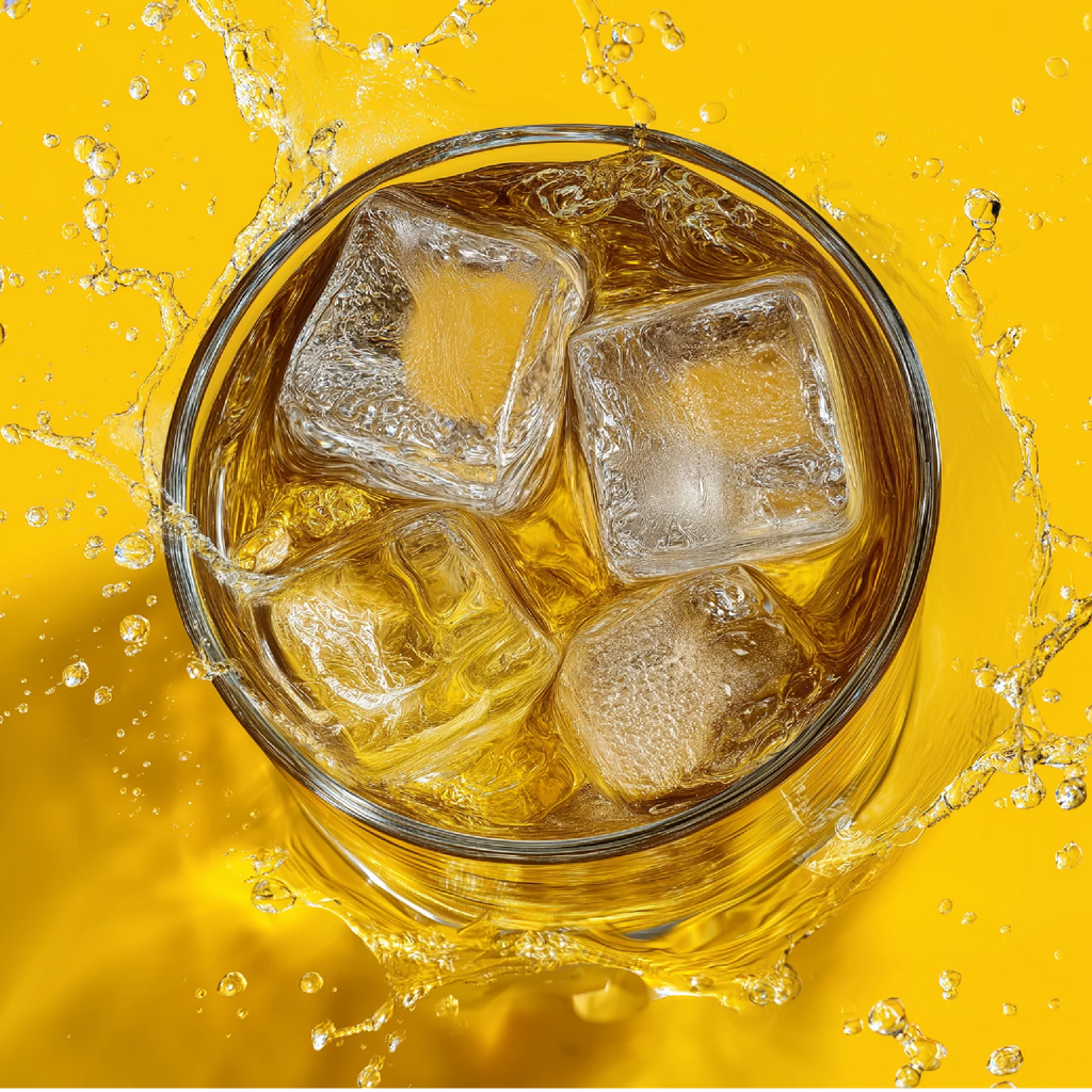 Jordan's Skinny Mix in the flavor Pineapple Whip Hydration in a glass with ice in it top view.