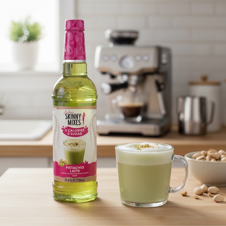 A bottle of Jordan's Skinny Mix 750ml Pistachio Latte next to a hot cup of coffee that was used to flavor