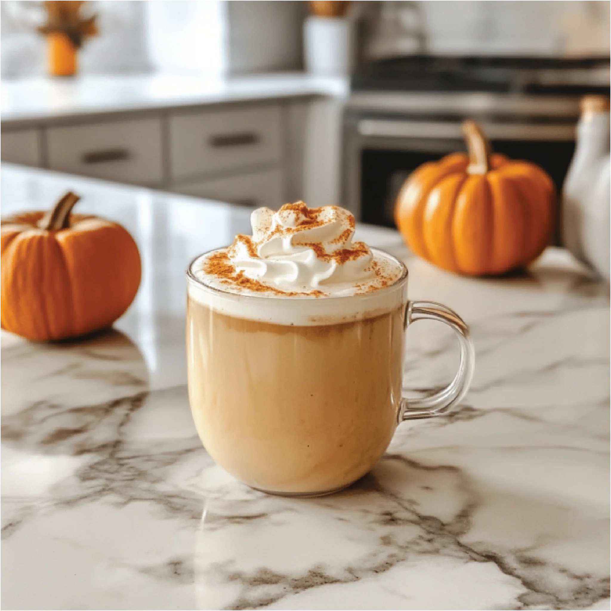 Pumpkin spice latte with whipped cream on a marble countertop with pumpkins in the background.