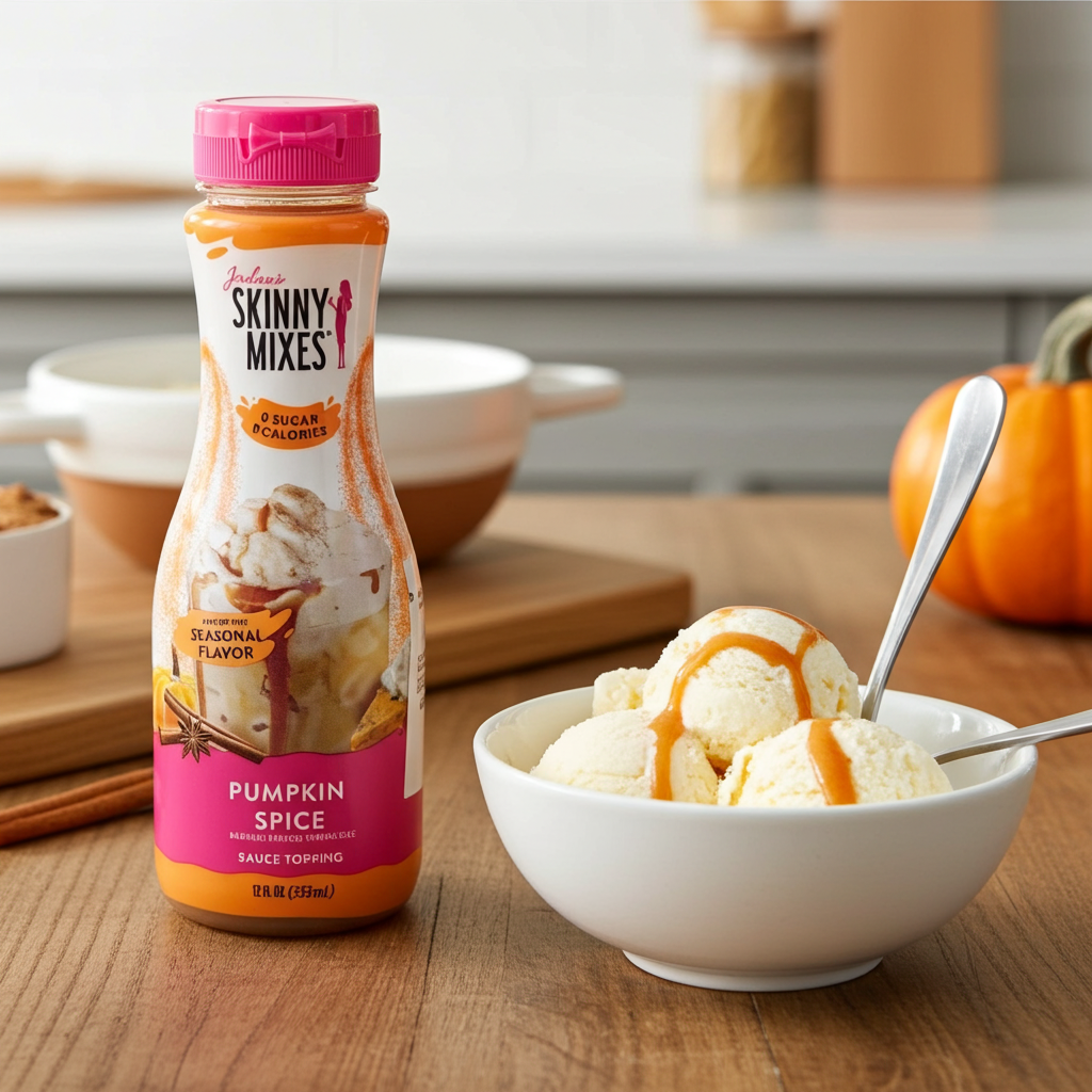 Jordan's Skinny Mixes Sugar Free Pumpkin Spice Sauce bottle next to a bowl of vanilla ice cream. 