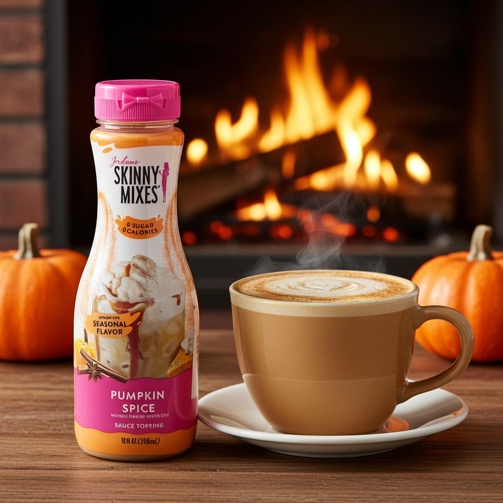 Jordan's Skinny Mix Sugar Free Pumpkin Spice Sauce bottle with a steaming cup of coffee in front of a fireplace.