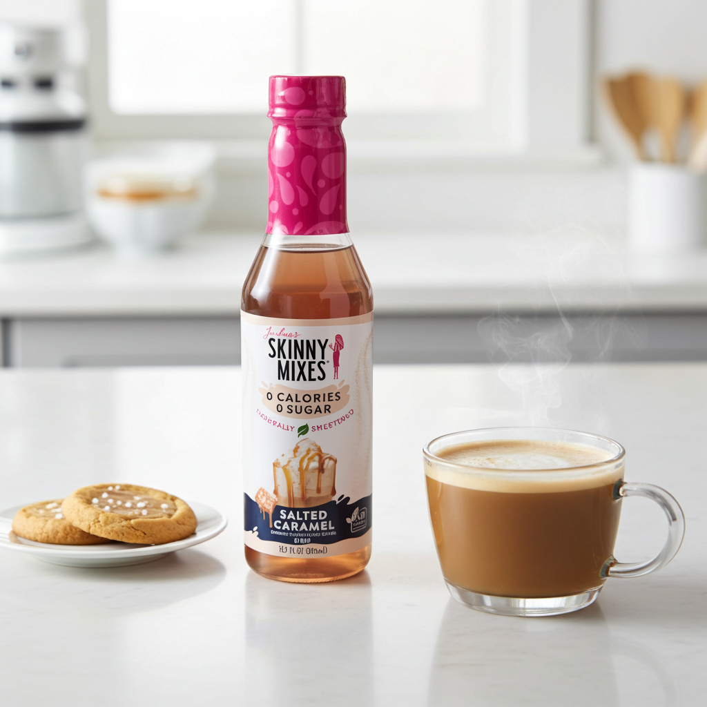 Jordan's Skinny Mixes salted caramel syrup in a 375ml bottle with a cup of coffee and cookies.