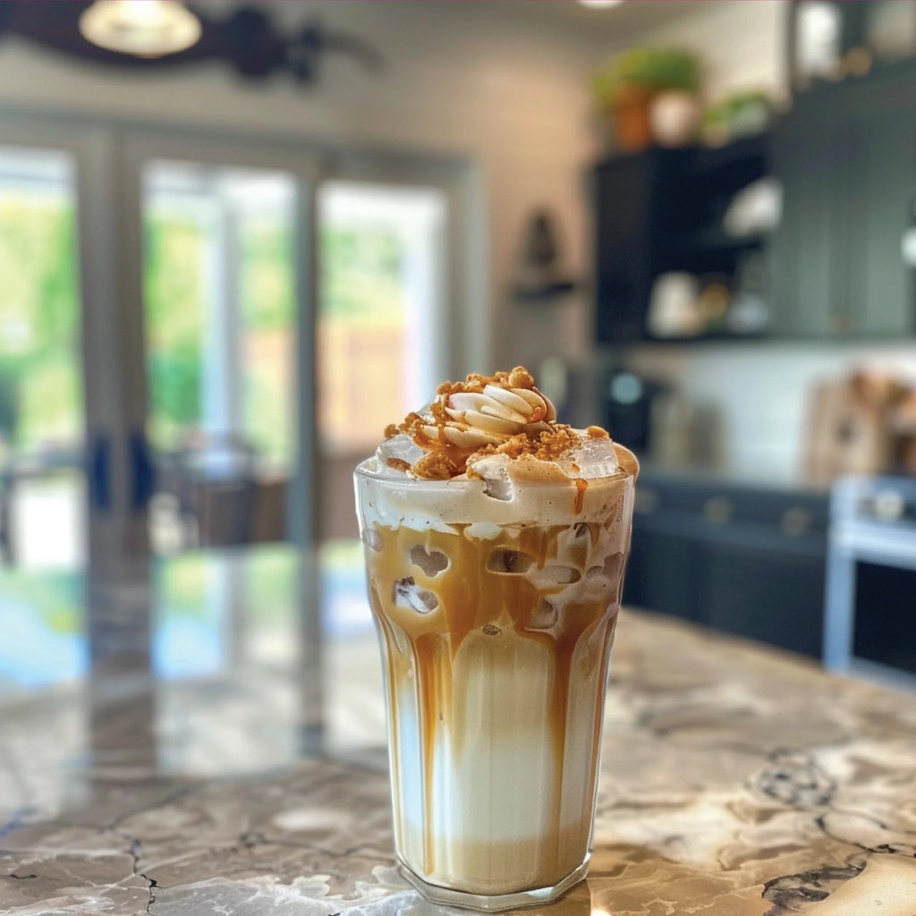 Iced caramel latte with whipped cream and a topping in a glass with caramel pieces.