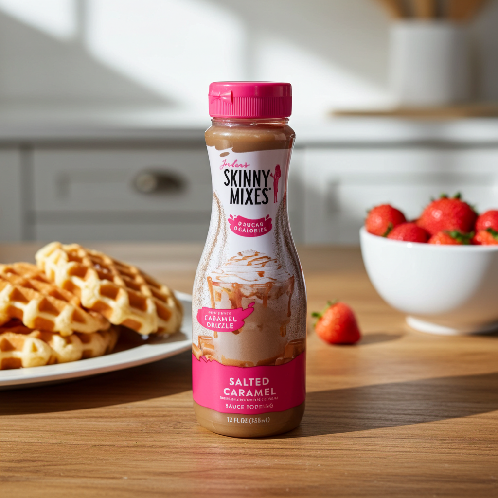 Jordan's Skinny Mix Sugar Free Salted Caramel Sauce bottle on a table with waffles and strawberries.