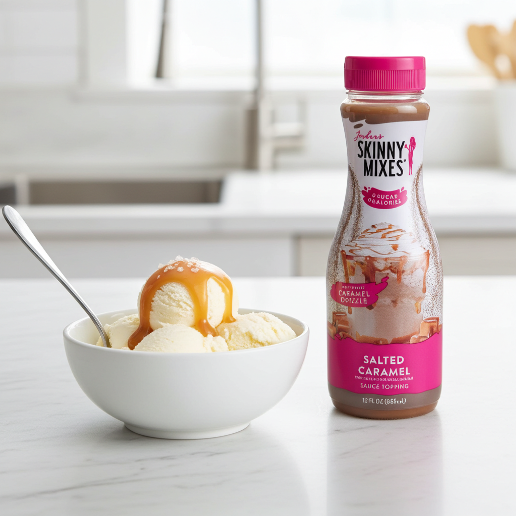 Jordan's Skinny Mix Sugar Free Salted Caramel Sauce bottle next to a bowl of vanilla ice cream.