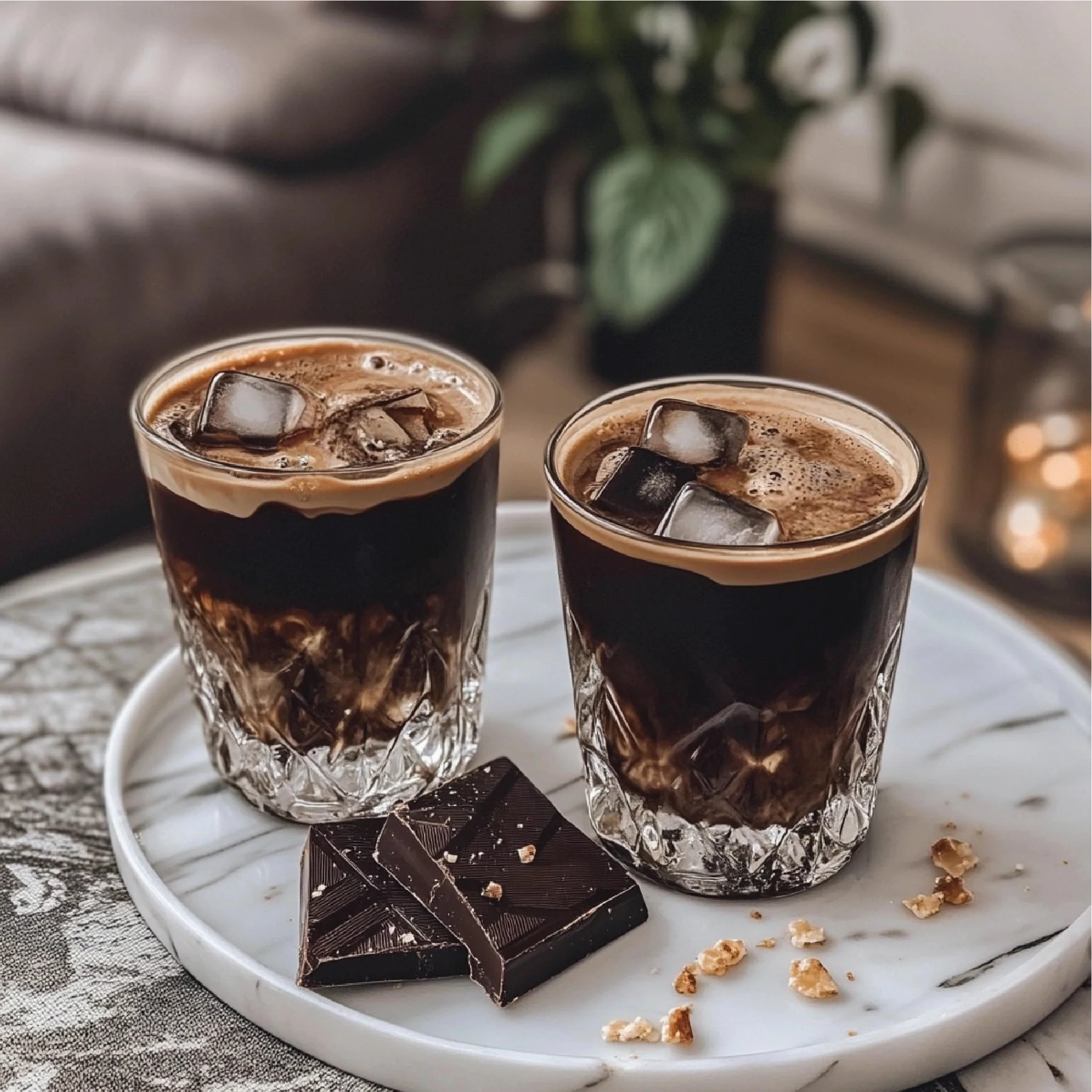Two glasses of iced coffee with ice cubes, accompanied by chocolate pieces.