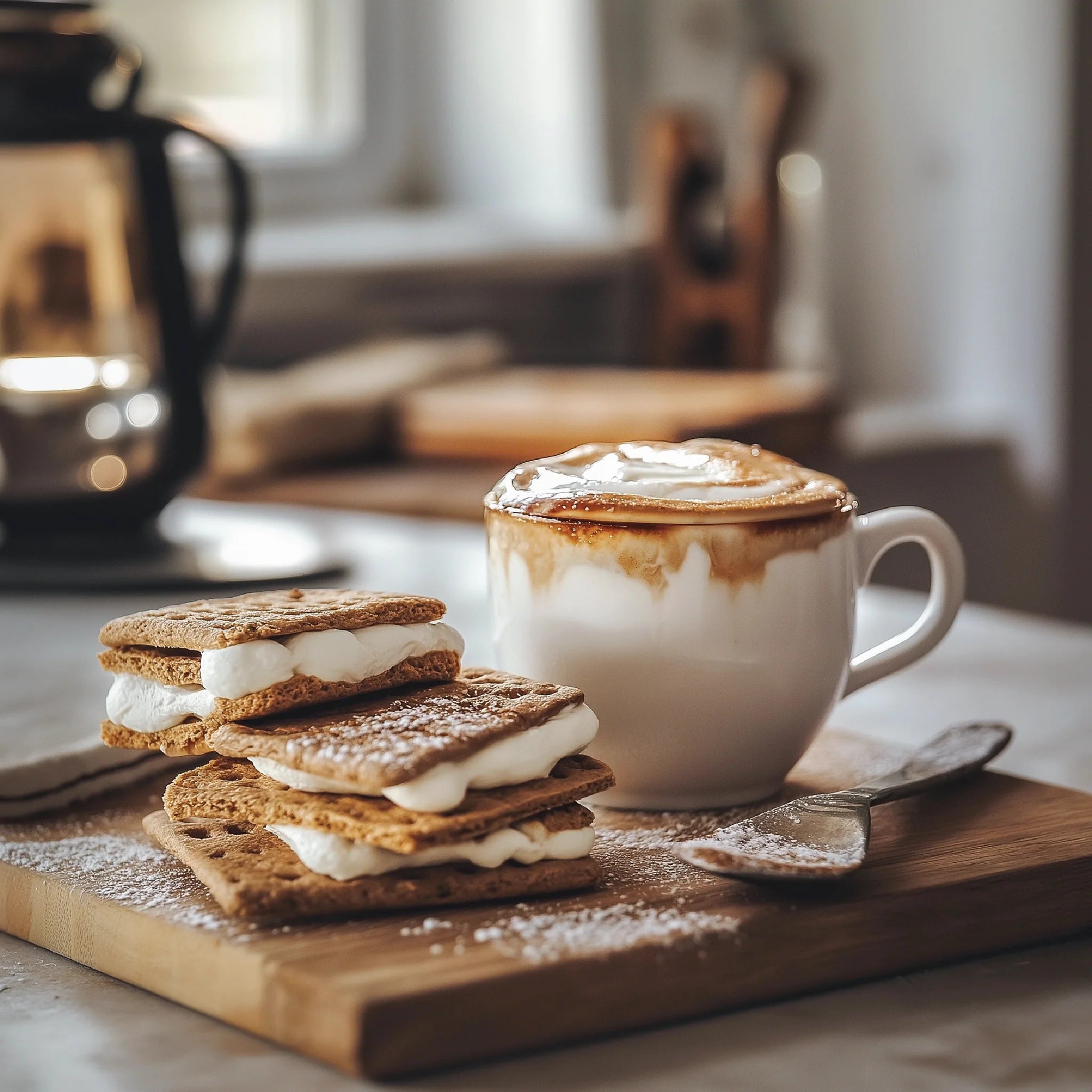 Cup of coffee with a marshmallow topping on a wooden board with s'mores