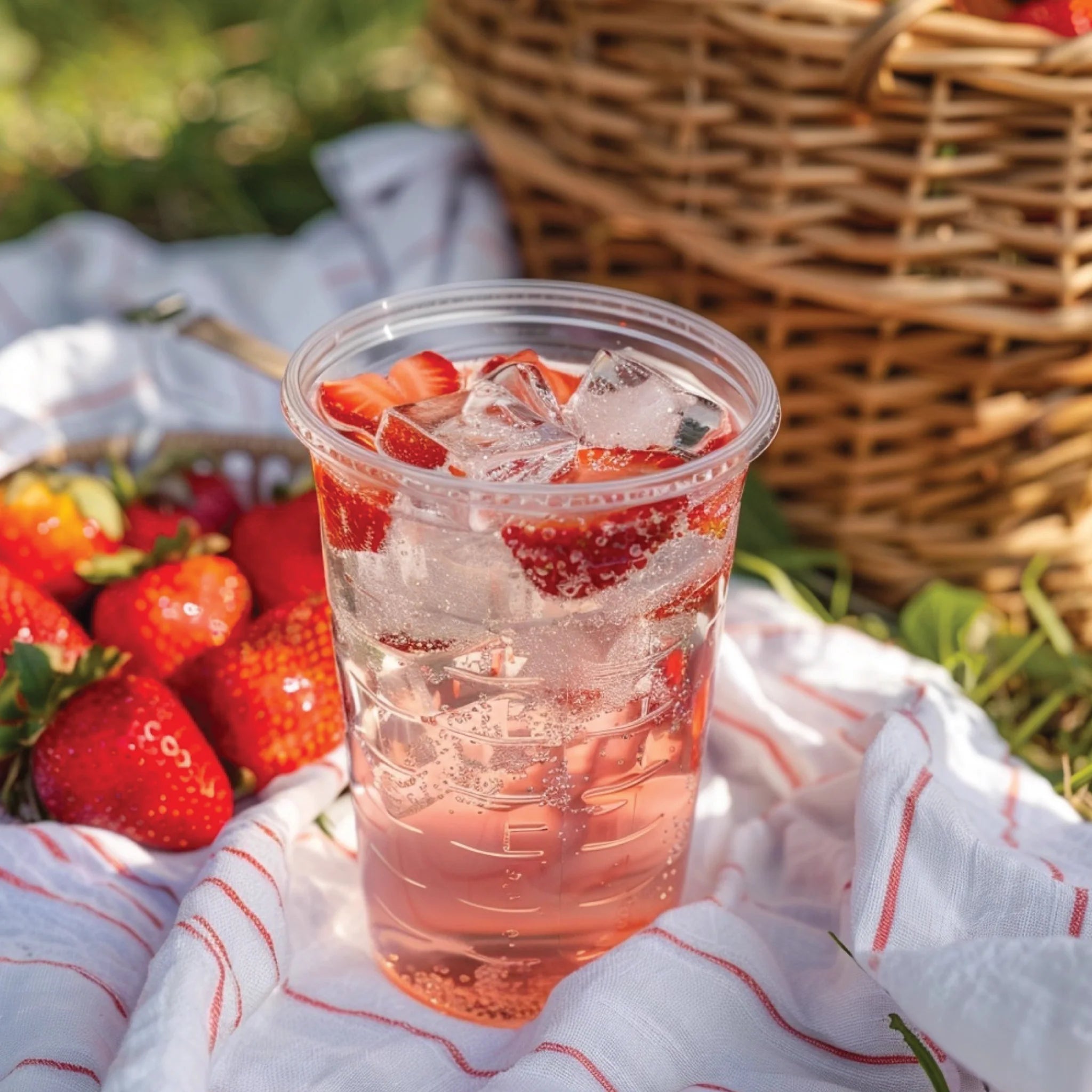 Jordan's Skinny Mixes Strawberry flavoring iced drink in a clear cup on a picnic blanket with strawberries and a basket in the background.