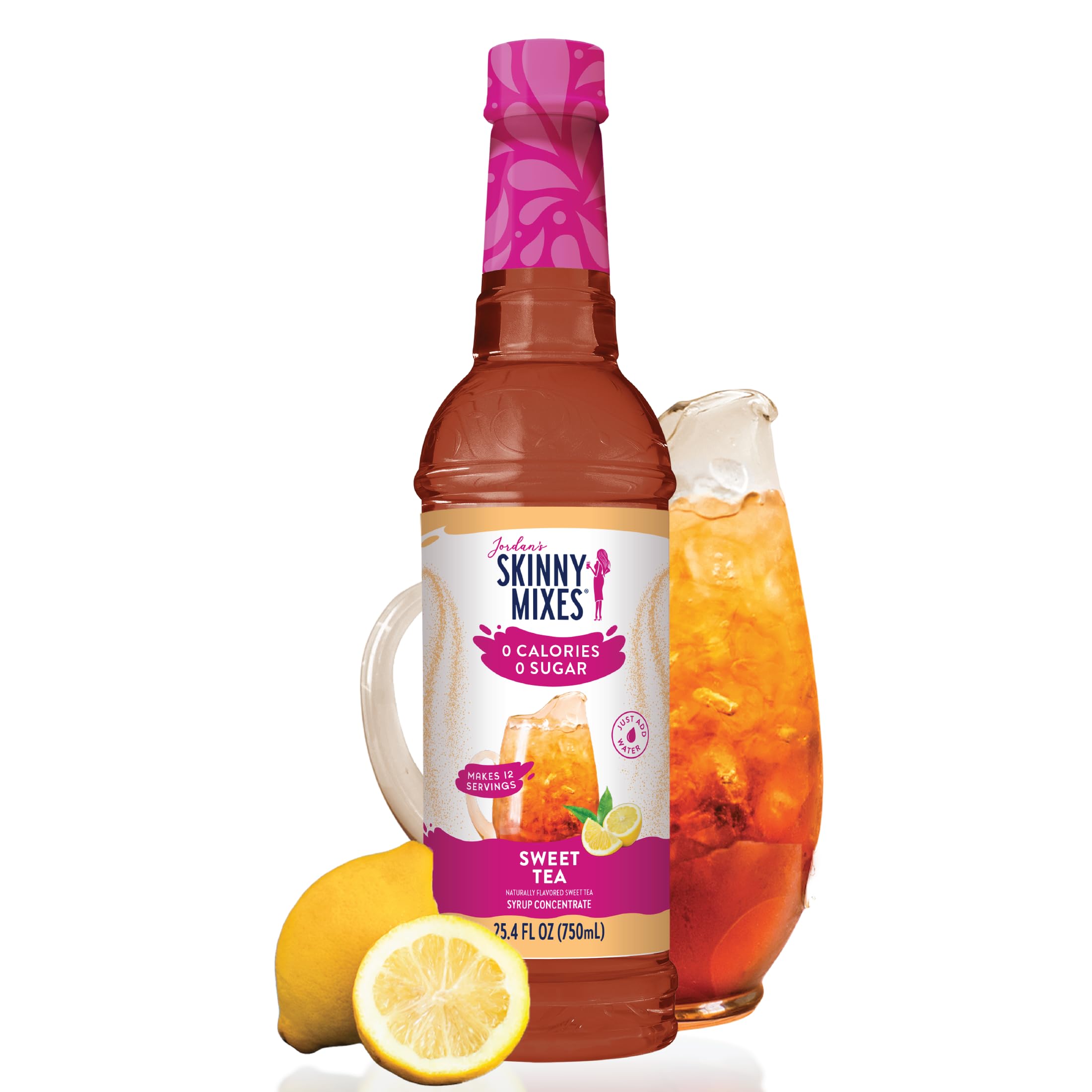 Jordan's Skinny Mixes Sugar Free Syrup with Sweet Tea Flavor, displayed alongside a glass of iced tea and a slice of lemon.
