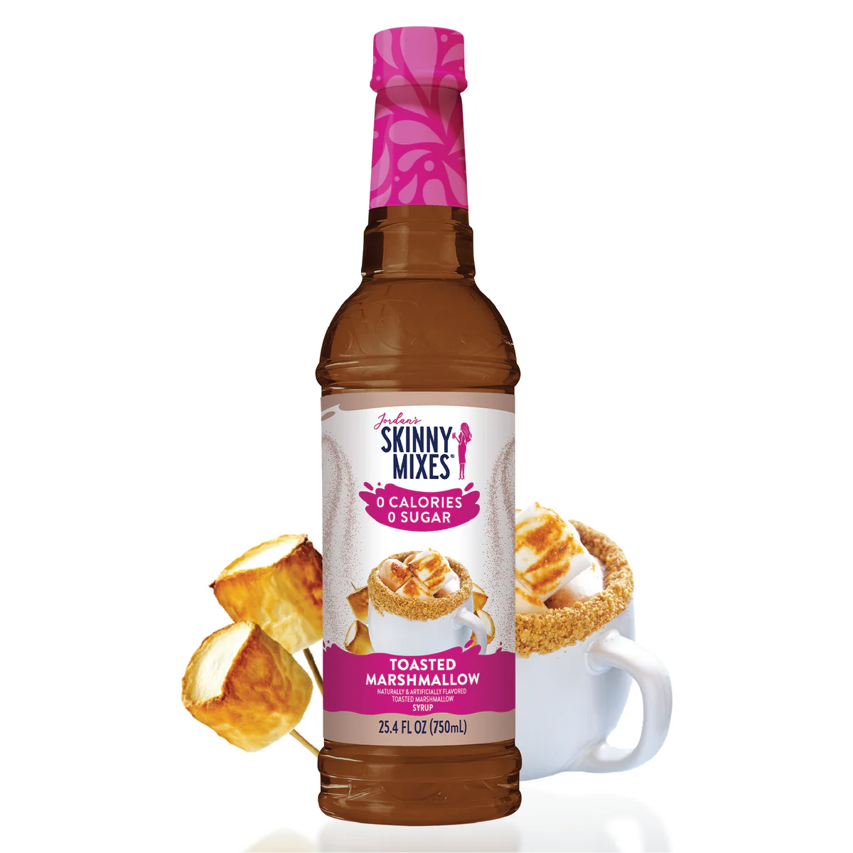 Bottle of Jordan's Skinny Mixes Toasted Marshmallow syrup with toasted  marshmallows and a mug of coco topped with marshmallow