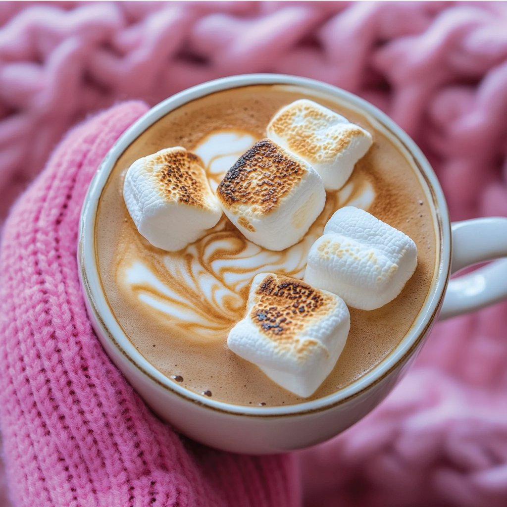 Hot chocolate with toasted  marshmallows on top in a white mug