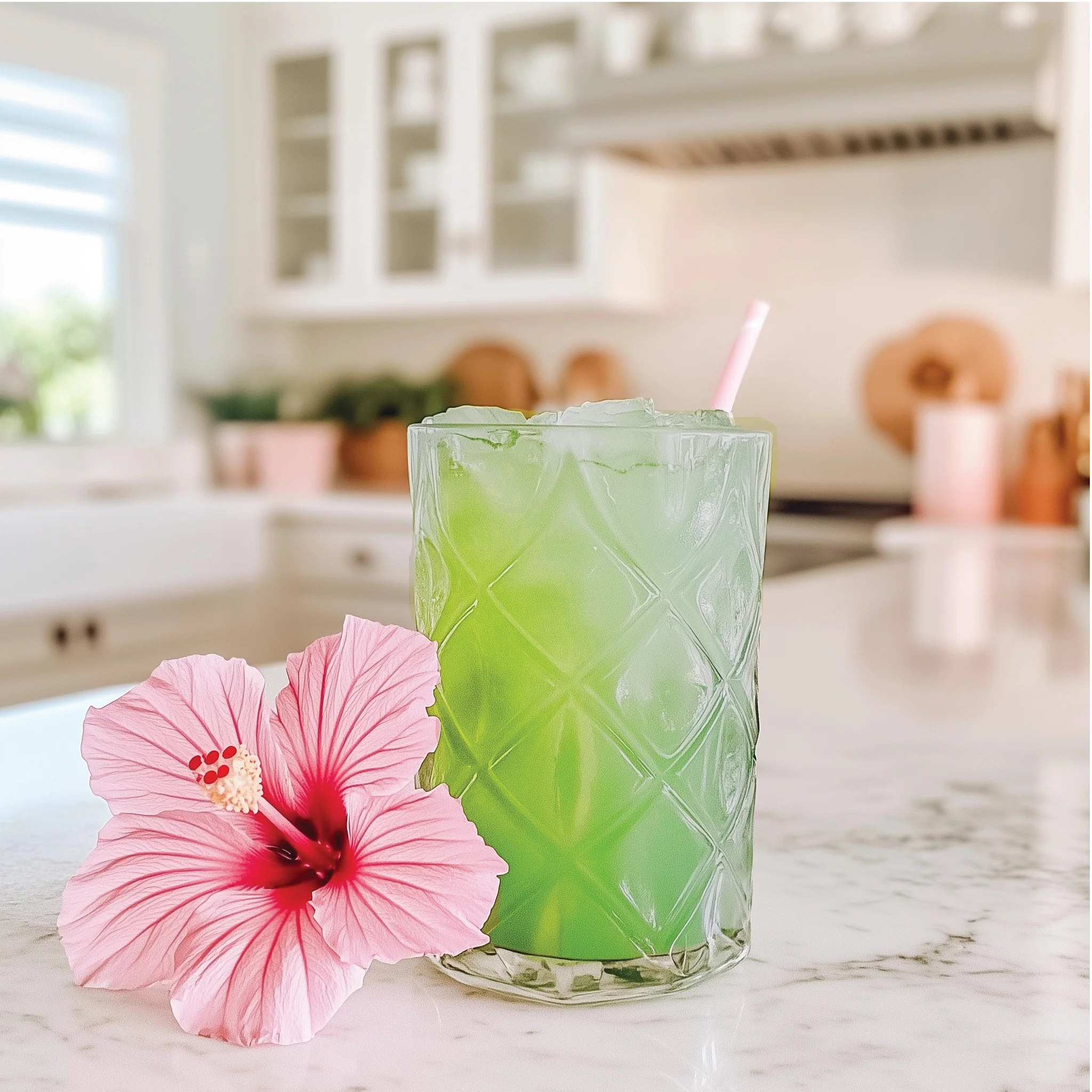 Jordan's Skinny Mixes Tropigal flavored water in a textured glass with a pink flower on a kitchen counter