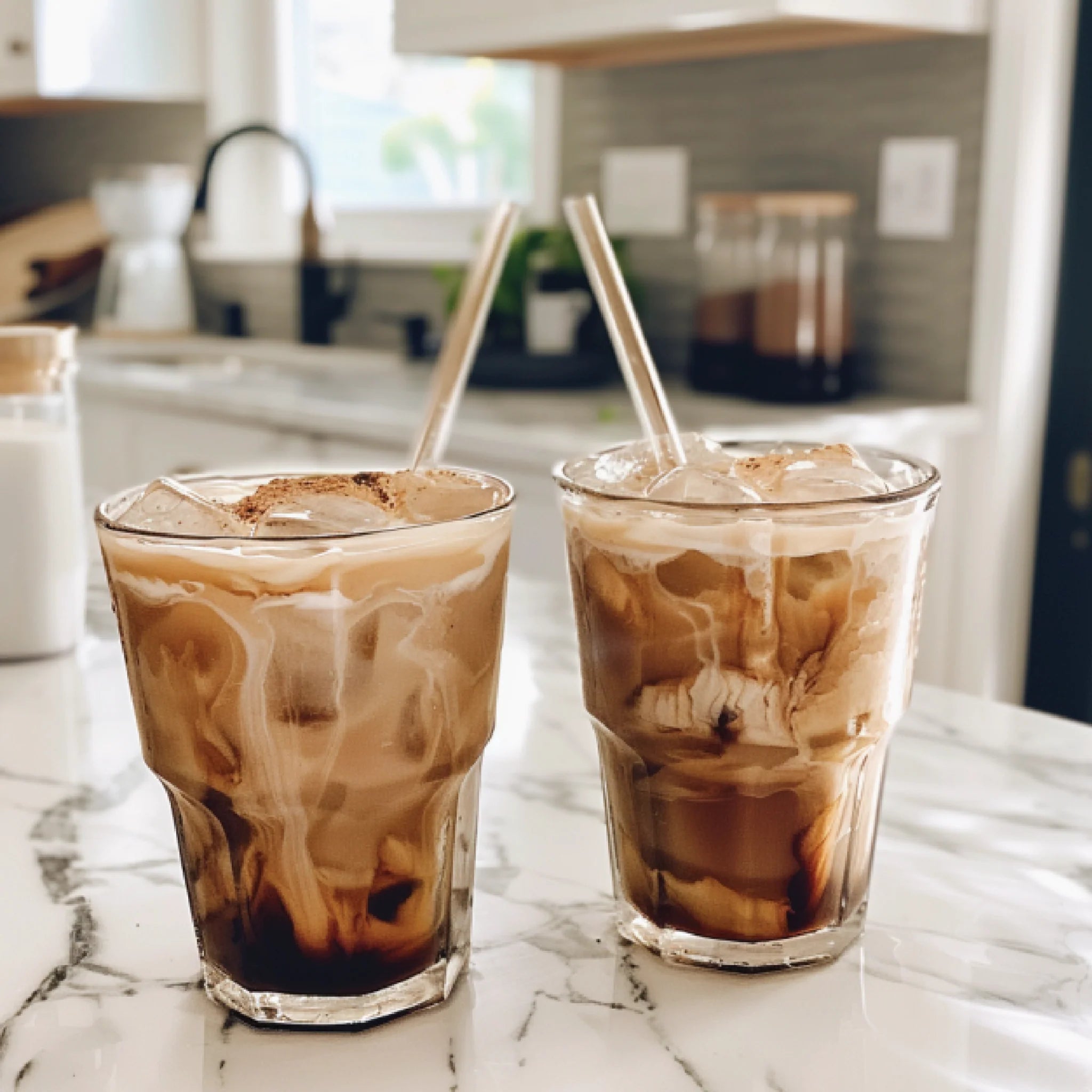 Two glasses of iced coffee flavored with Jordan's Skinny Mix Vanilla Bean
