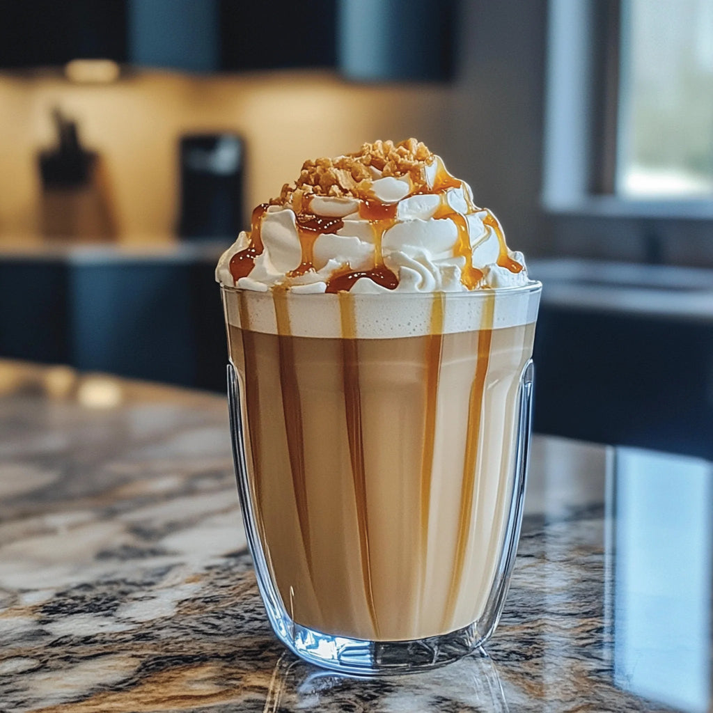 Glass of iced coffee with whipped cream and caramel drizzle 
