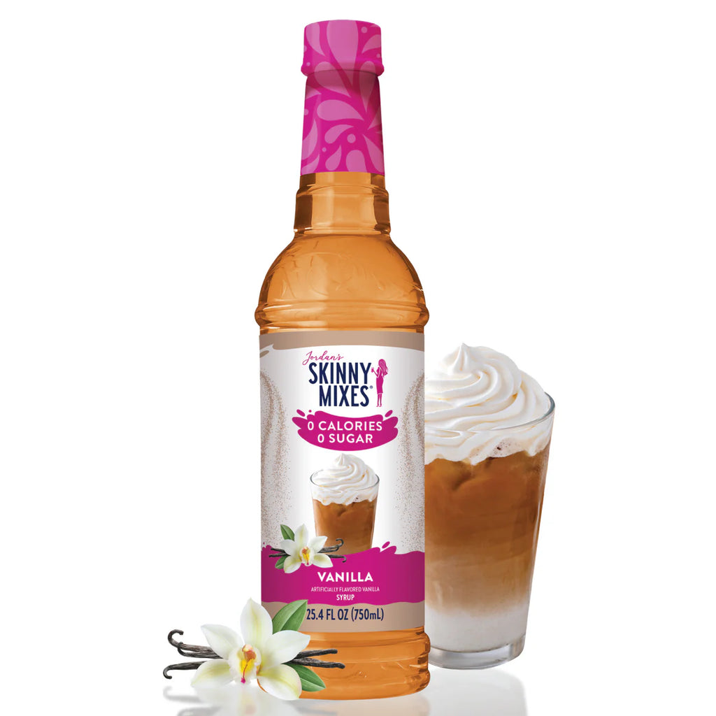 Jordan's Skinny Mixes vanilla syrup with a glass of iced latte and vanilla flowers.