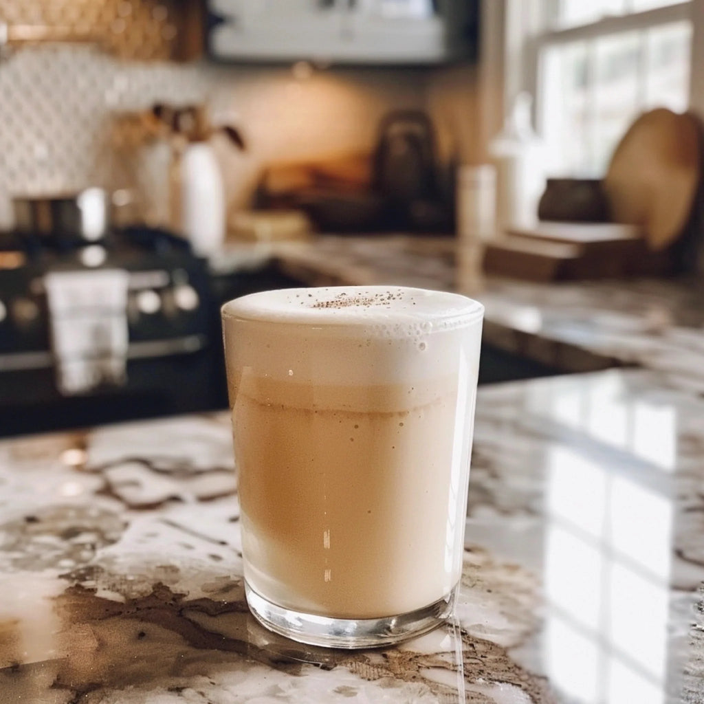 Glass of latte using vanilla flavoring with foam and cinnamon powder to top.