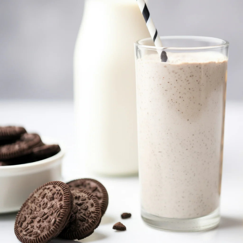 A glass of Voodoo cookie cream shake made using Jordans Skinny Mix Voodoo syrup next to cookies.