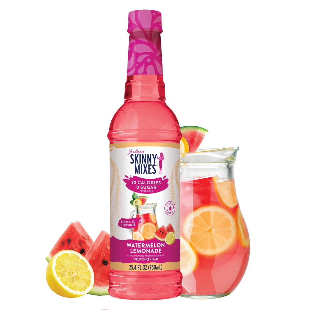 Jordan's Skinny Mixes Watermelon Lemonade bottle with a glass of lemonade and fruit slices