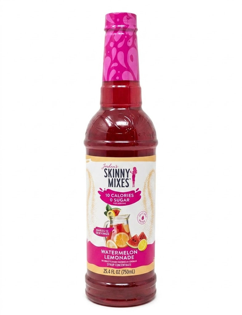 A bottle of Jordan's Skinny Mixes Sugar Free Watermelon Lemonade Syrup 750ml. 