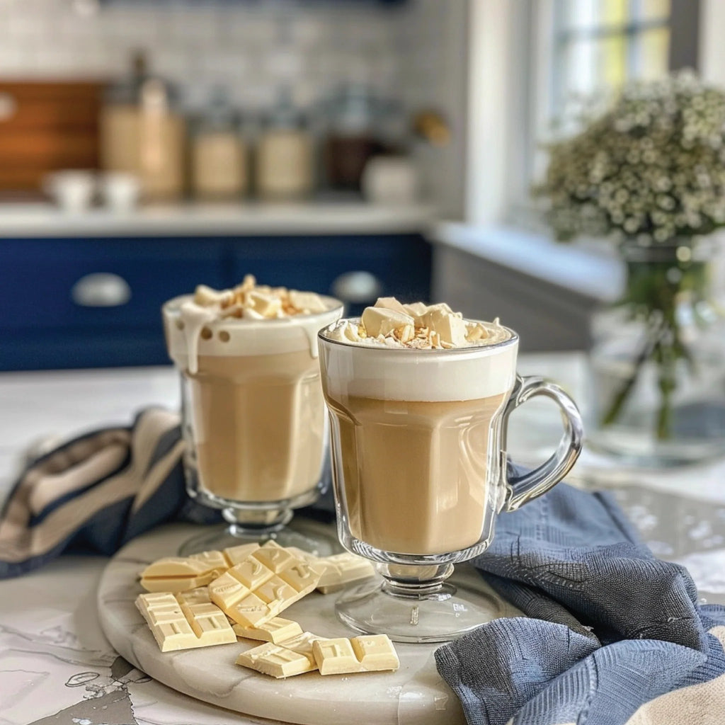Iced coffee drinks made with Jordan's Skinny Mixes White Chocolate Syrup, topped with whipped cream and white chocolate pieces.