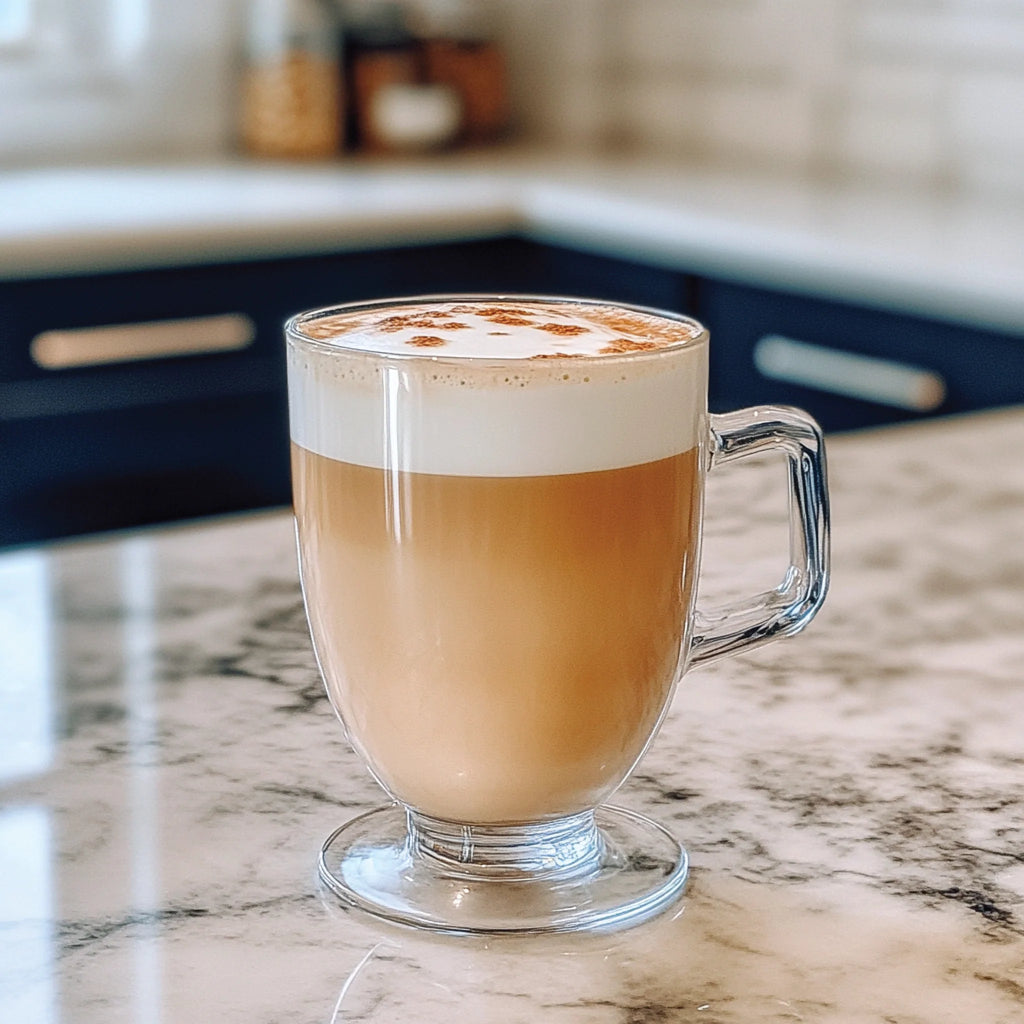 A glass mug of hot white chocolate mocha latte with frothy foam and a sprinkle of cocoa powder, styled on a marble countertop.