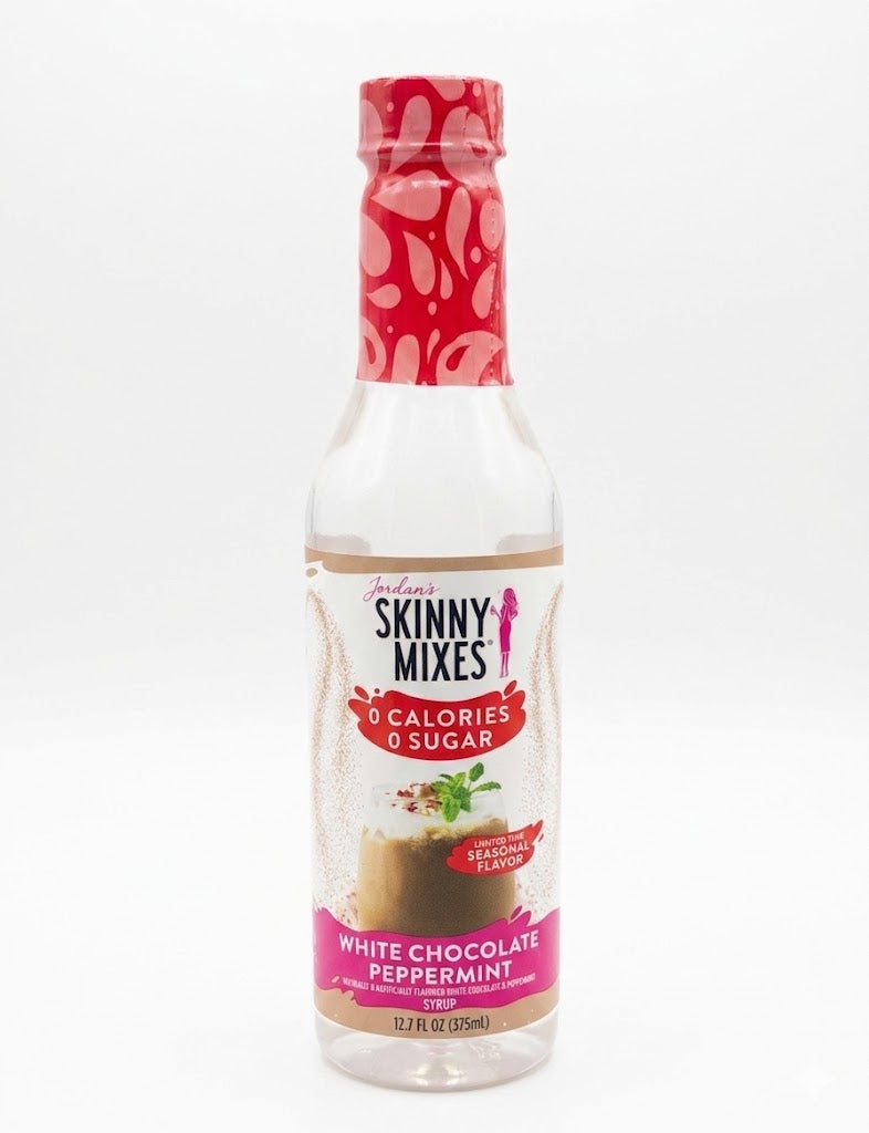 Jordan's Skinny Mix Sugar Free White Chocolate Peppermint Syrup 375ml bottle.