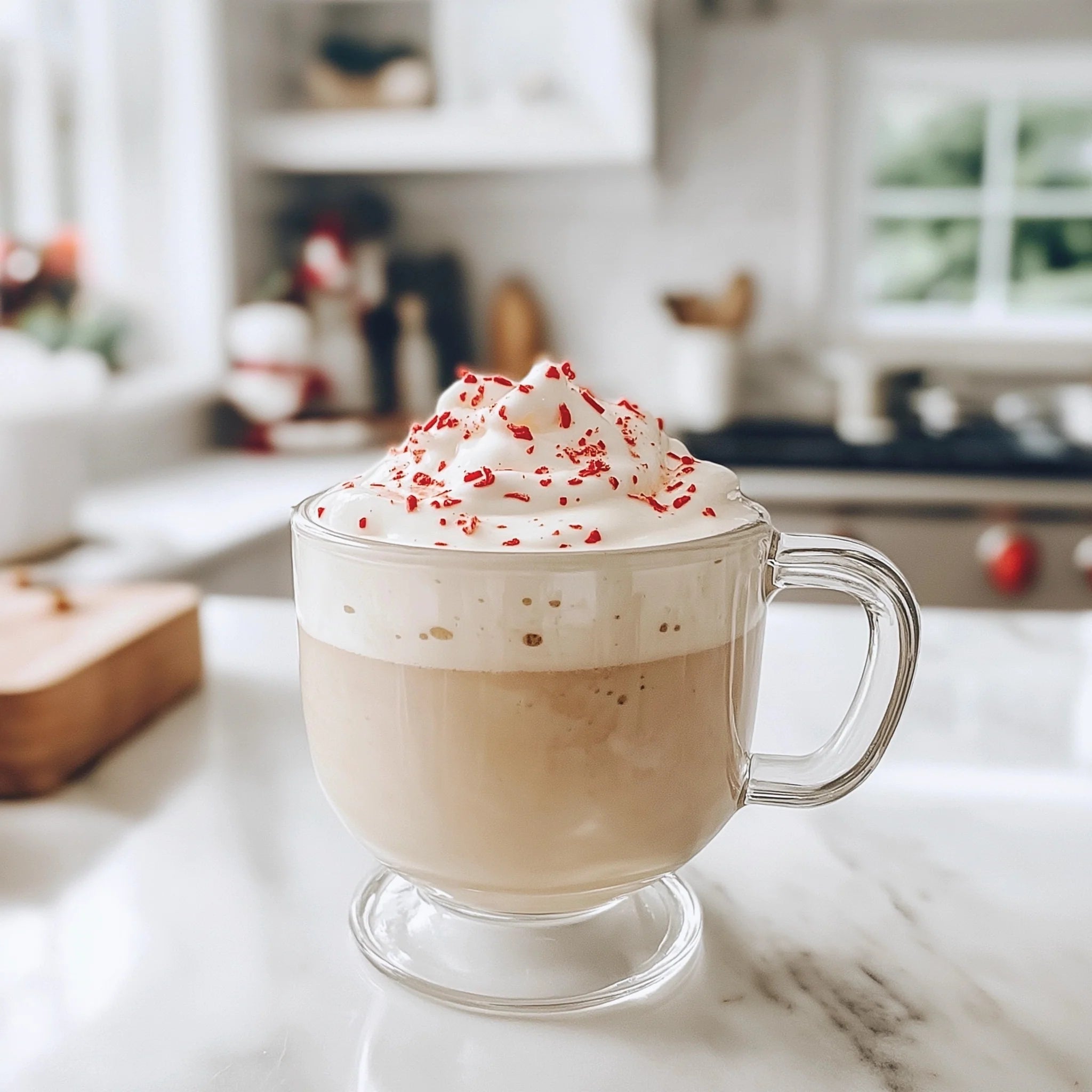 A glass mug of hot coco flavored with Jordan's Skinny Mix White Chocolate Peppermint syrup toped with whipped cream and sprinkled with peppermint candy.