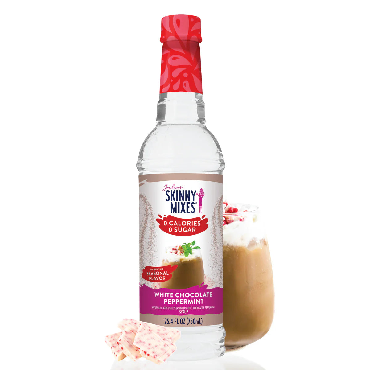 Jordan's Skinny Mixes White Chocolate Peppermint syrup bottle with a glass of a peppermint mocha drink.