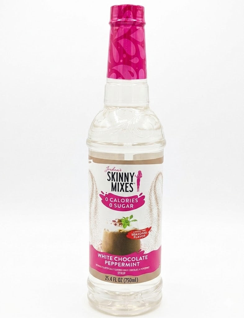 Jordan's Skinny Mixes White Chocolate Peppermint syrup in a bottle.