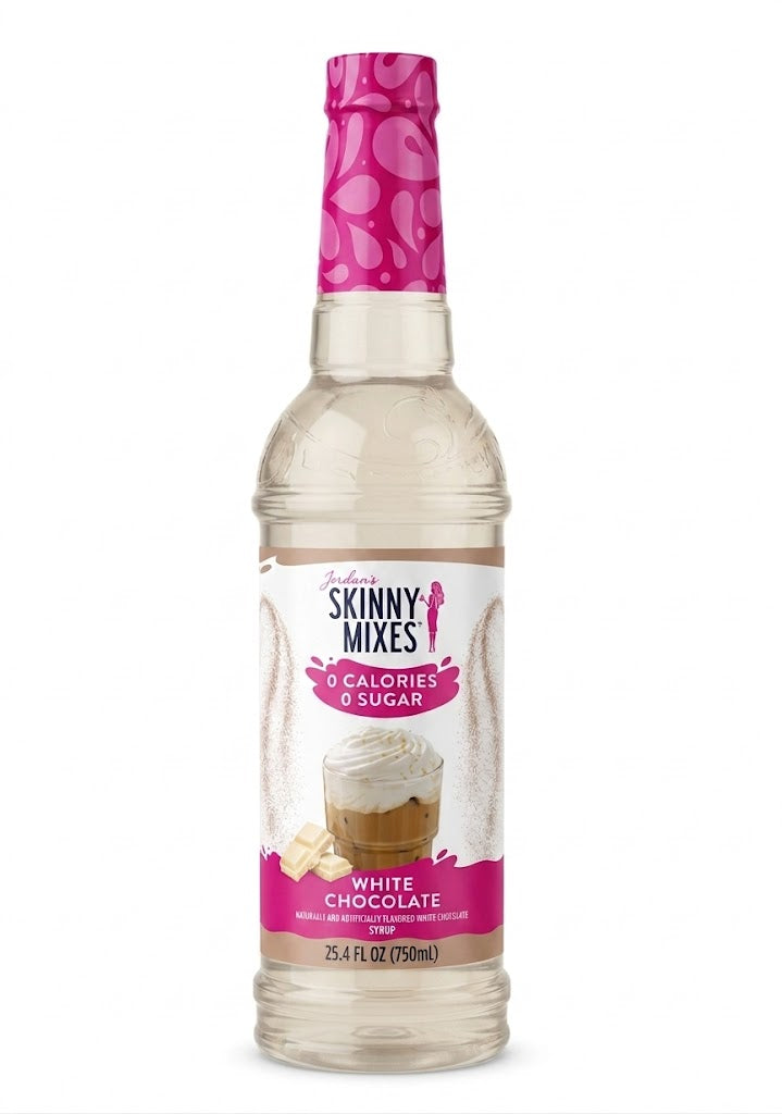 A bottle of Jordan's Skinny Mixes Sugar Free White Chocolate Syrup, 750ml.